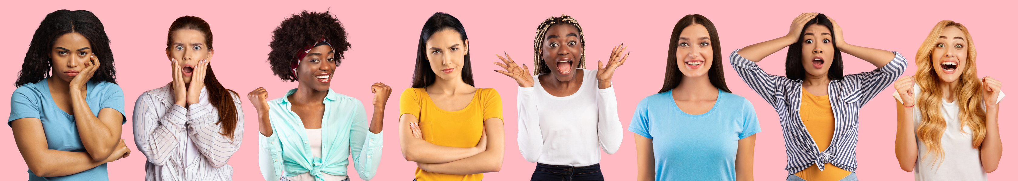 Millennial Diverse Ethnicity Women Express Different Facial Emotions